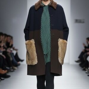 HACHE Italy Colorblock Virgin Wool Coat Genuine Fur Pockets & Sherpa Collar sz S